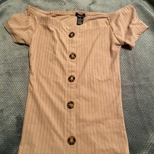 off the shoulder tan shirt